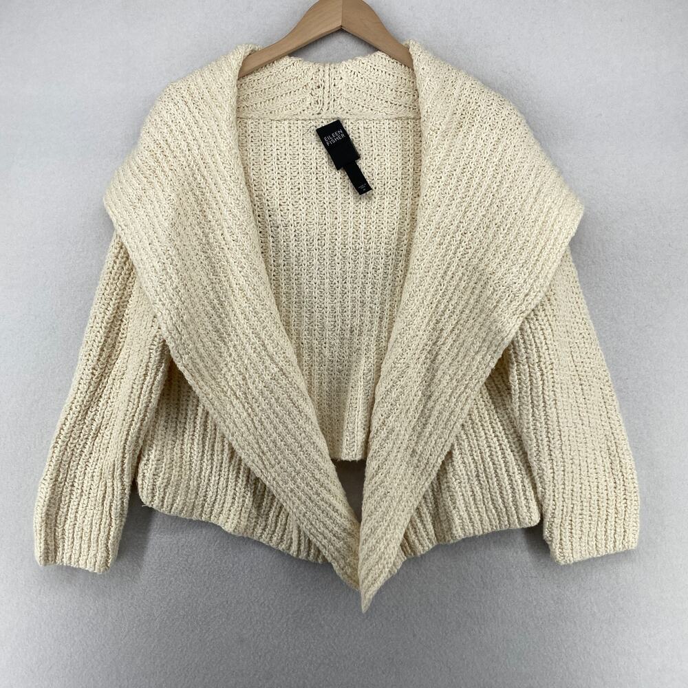 EILEEN FISHER Cardigan M Organic Cotton Hoodie Shawl Collar Open Front Beige